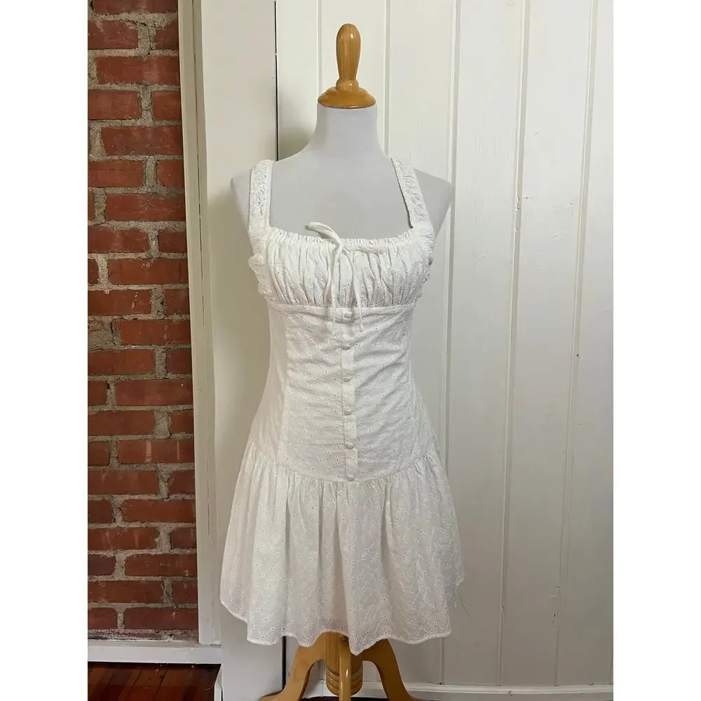 NEW All in Favor White Eyelet Mini Dress Cottagecore Milkmaid Dress Medium - Picture 10 of 10